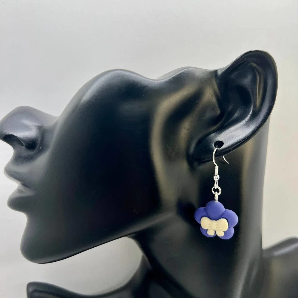 Ribbon Earrings - Bow Earrings - Flower Earrings - Indigo Blue Clay Earrings